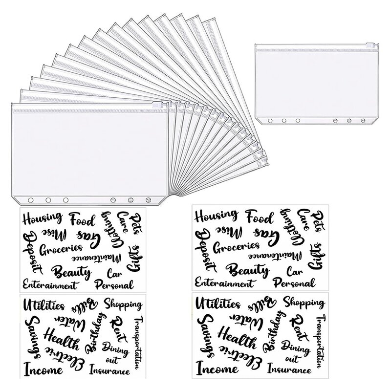A6 Pockets Zipper Folders with Cash Labels Stickers Budget Envelopes Labels for Budget Finance Planners
