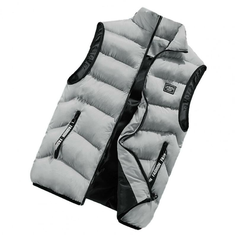 Men Winter Vest Stand Collar Thickened Padded Soft Windproof Warm Neck Protection Sleeveless Zipper Pockets Men Down Waistcoat