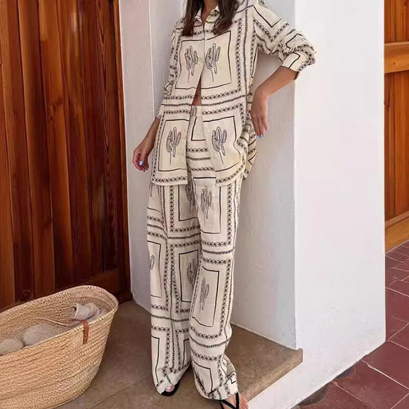Conjunto de pijama casual estampado feminino, camisa manga comprida, gola de lapela, botão, calça confortável, moda, 2 peças