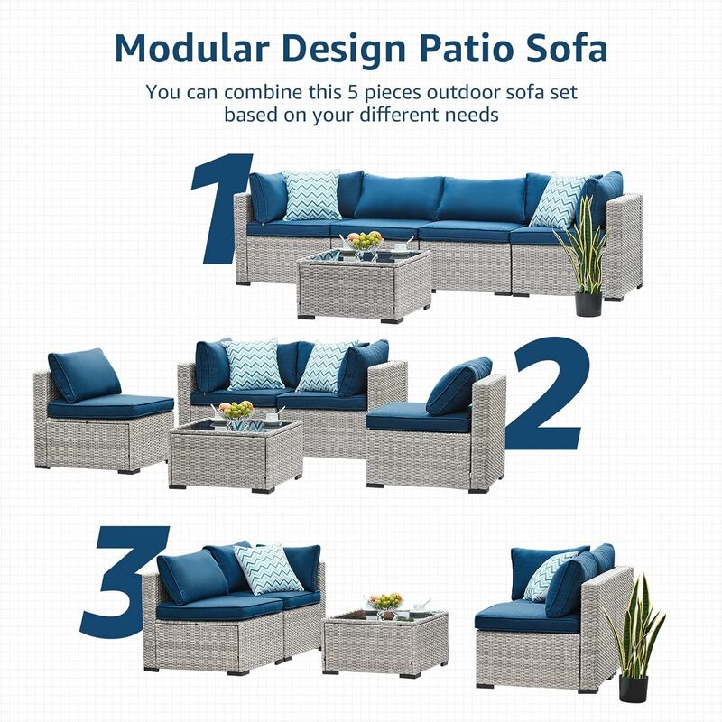 Zestaw mebli ogrodowych Meble ogrodowe Sofa segmentowa 5-częściowa wiklinowa kanapa zewnętrzna na każdą pogodę ze stolikiem kawowym ze szkła hartowanego