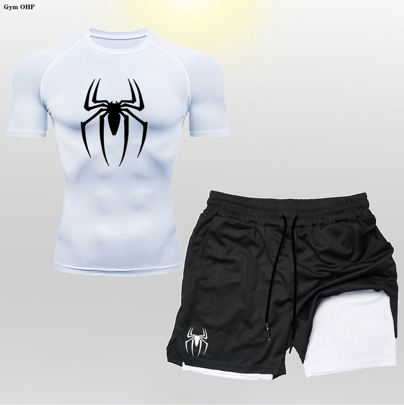 Spider Men CompressionT Shirt Shorts Set 2 in 1 Double-Deck Fitness Sports Suits Men Clothing Gym Short Sleeve Shirts Running