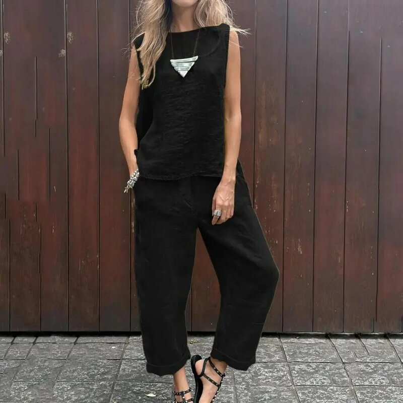 Wide-leg Trousers Women's Sleeveless Vest Pants Set with Elastic Waist Side Pockets Casual Sport Outfit for Daily Wear Women