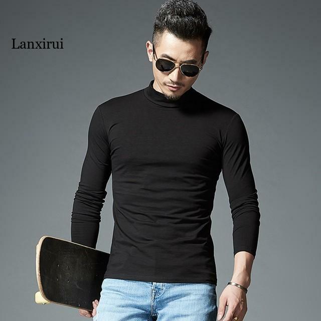 Camiseta de manga larga para hombre, traje cálido de secado rápido de Color sólido, Cuello medio alto, camisa fina de fondo, para invierno