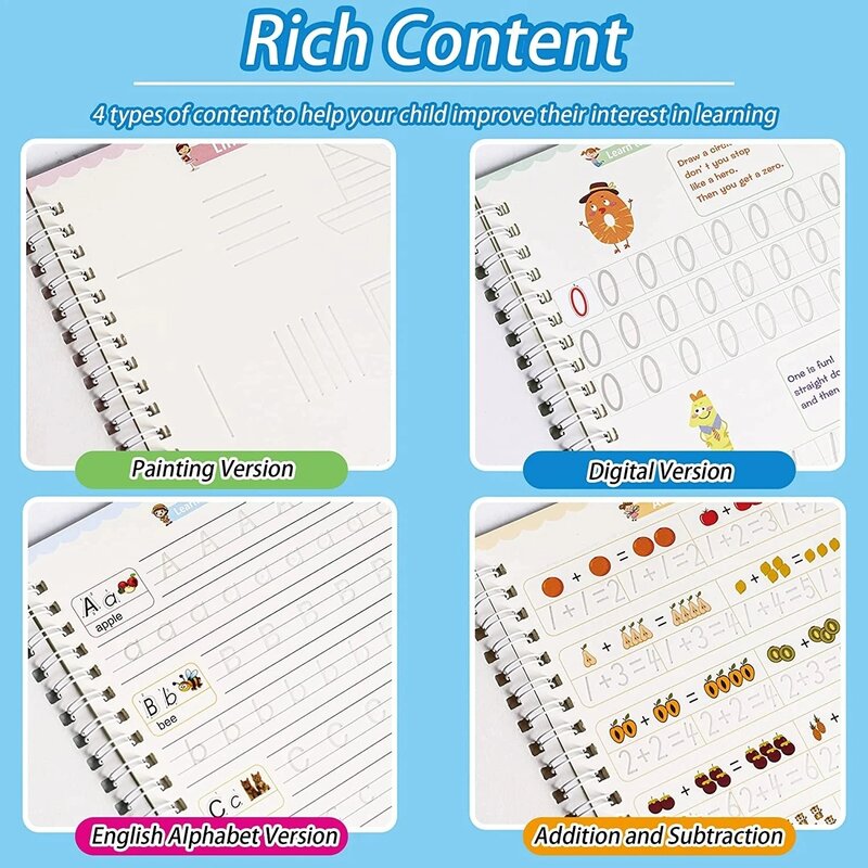 Cuaderno de bocetos Montessori para niños, libro mágico de caligrafía, escritura a mano, libro de aprendizaje temprano, 4 libros por juego