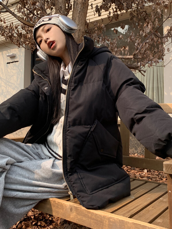 Jaket hoodie katun wanita, jaket parka Korea kasual longgar musim dingin 2023