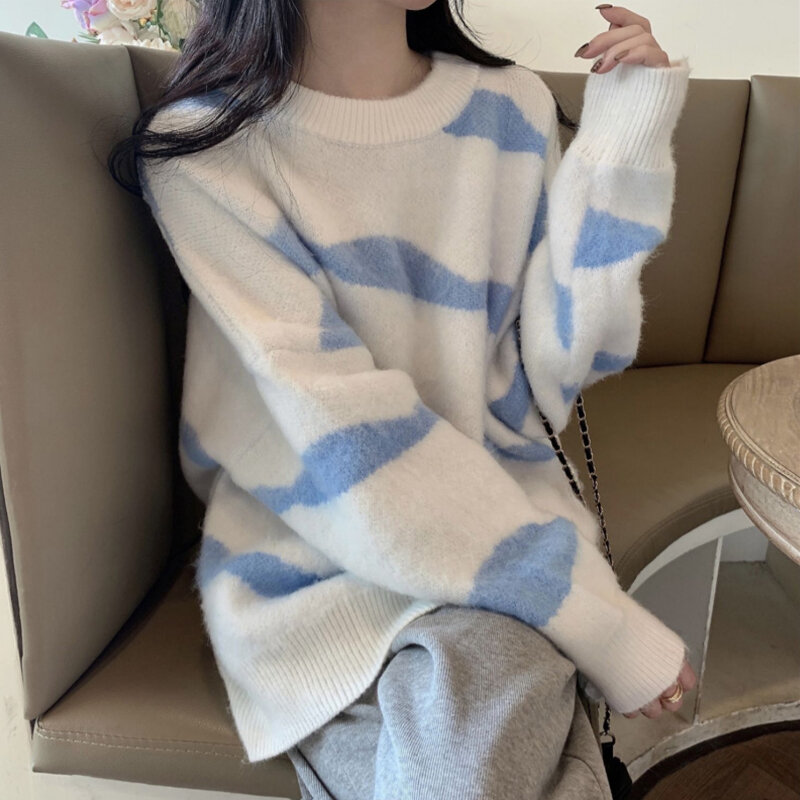 Contrast Color Sweaters Women Winter Sweet Warm Girlish Korean Style Tender Chic Daily Blocking Pullovers Versatile Temperament