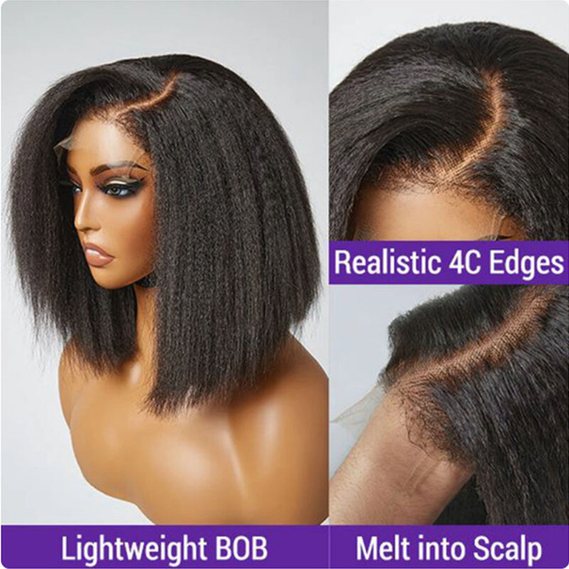 Peruca curta Glueless Straight Edged Bob para mulheres, perucas Yaki pré-arrancadas, peruca sem cola, frente de renda, desgaste para ir, 100% cabelo humano, 13x4