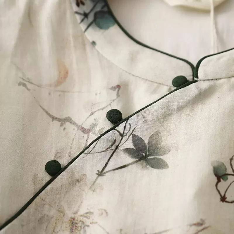Blusa de manga curta solta vintage feminina, camisas estampadas, roupa de linho algodão, estilo chinês, verão