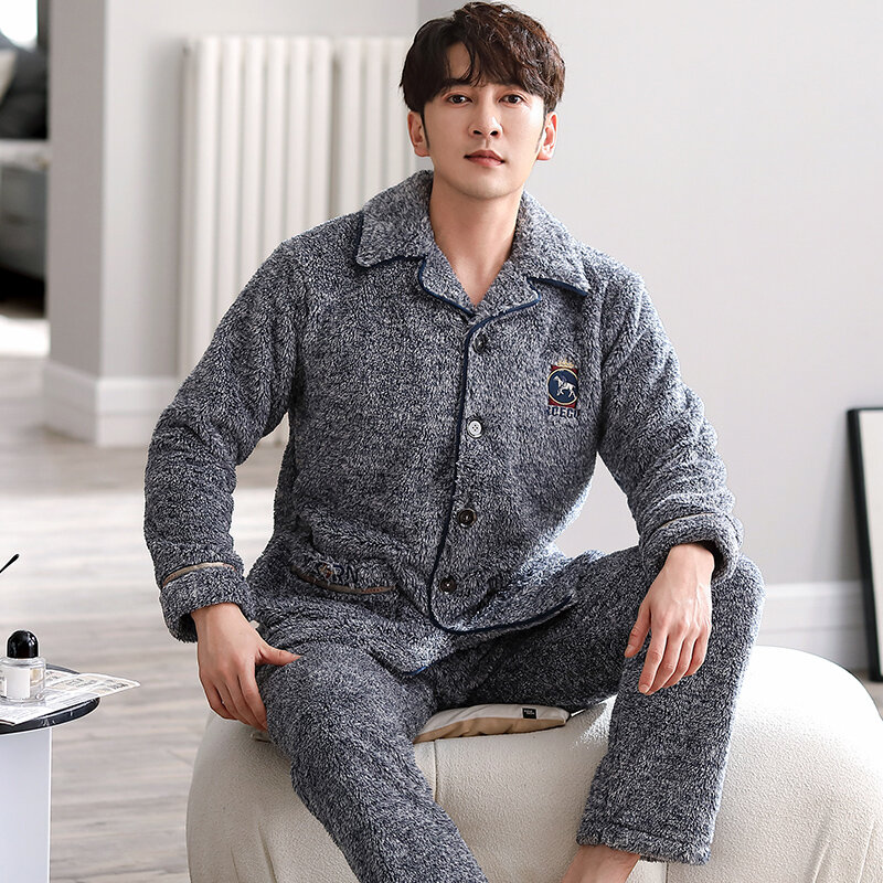 Autumn and winter flannel men's pajamas cardigan lapel button style fashionable and simple men's home coral velvet