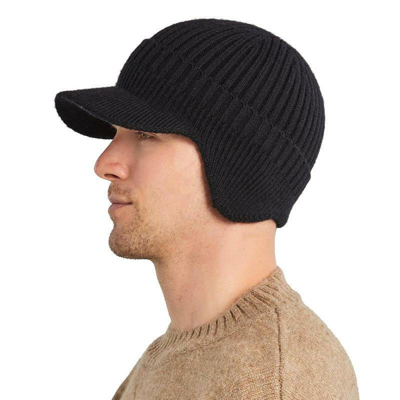 Topi kupluk rajut untuk pria, topi Beanie musim dingin dengan pinggiran hangat rajut ganda, topi Beanie dengan Visor untuk pria