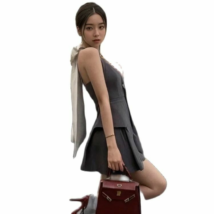 Two-Piece Suit Bow Patchwork Backless Sexy 2024 Spring New Streetwear Contrast Color  Camisole Women + Pleated A-Line Skirt
