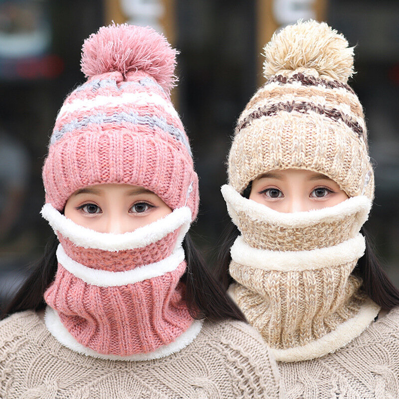 Topi wol hangat leher musim dingin, 3 potong set masker pengendara sepeda motor tebal bulu domba
