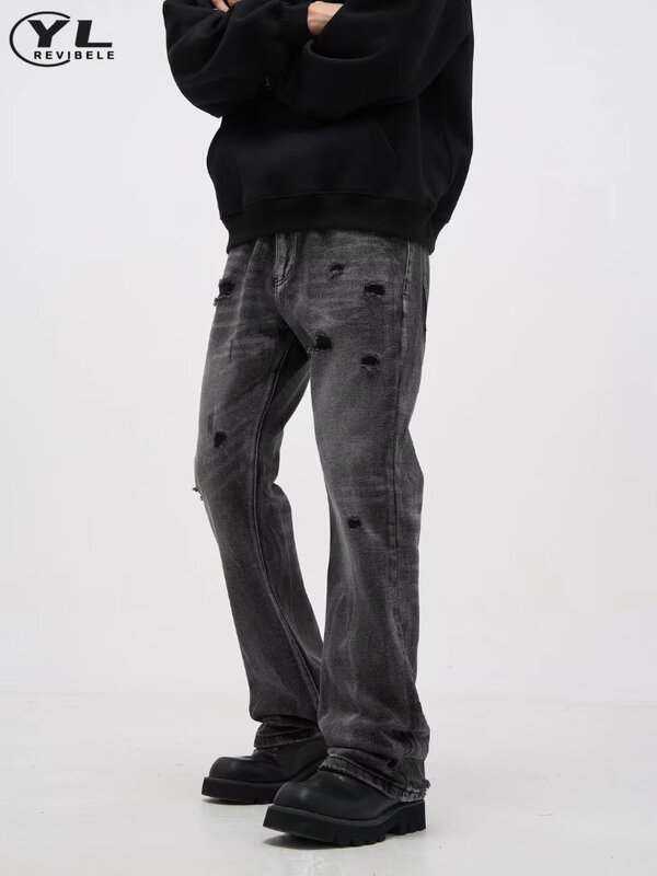 Джинсы мужские с дырками, свободные прямые винтажные брюки из денима с вареным эффектом, повседневные широкие брюки в американском стиле, весна-осень