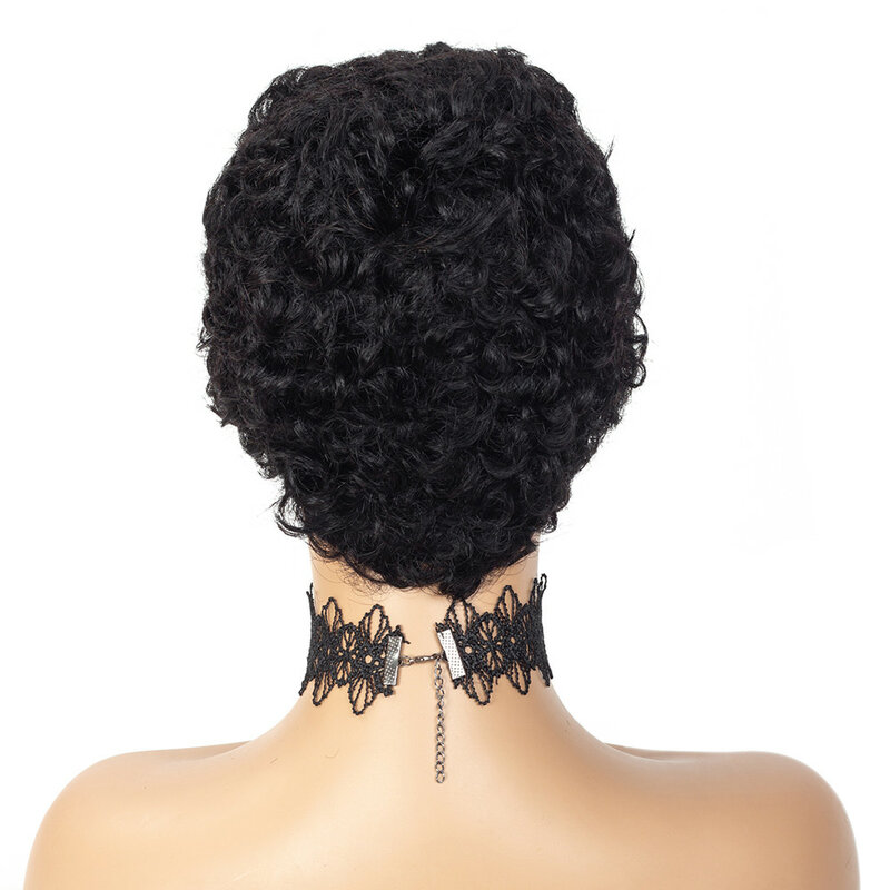 Afro kręcone krótkie peruki 100% ludzkie włosy kręcone peruka z grzywką fryzura Pixie afrykańskie puszyste peruki z kręconymi włosami dla kobiet 1B Blond czerwone wino kolor