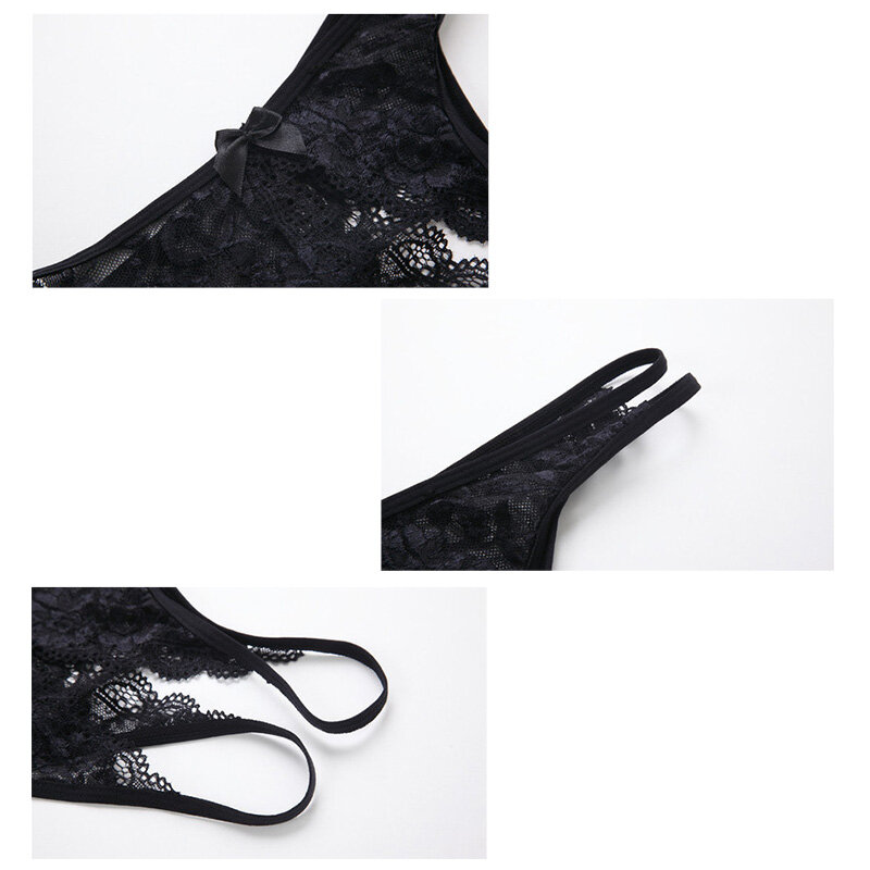 여성용 G-스트링 란제리 끈 팬티, 메쉬 레이스 속옷, 섹시한 단색 레드 블랙, 나비 매듭 브리프, 오픈 가랑이 팬티