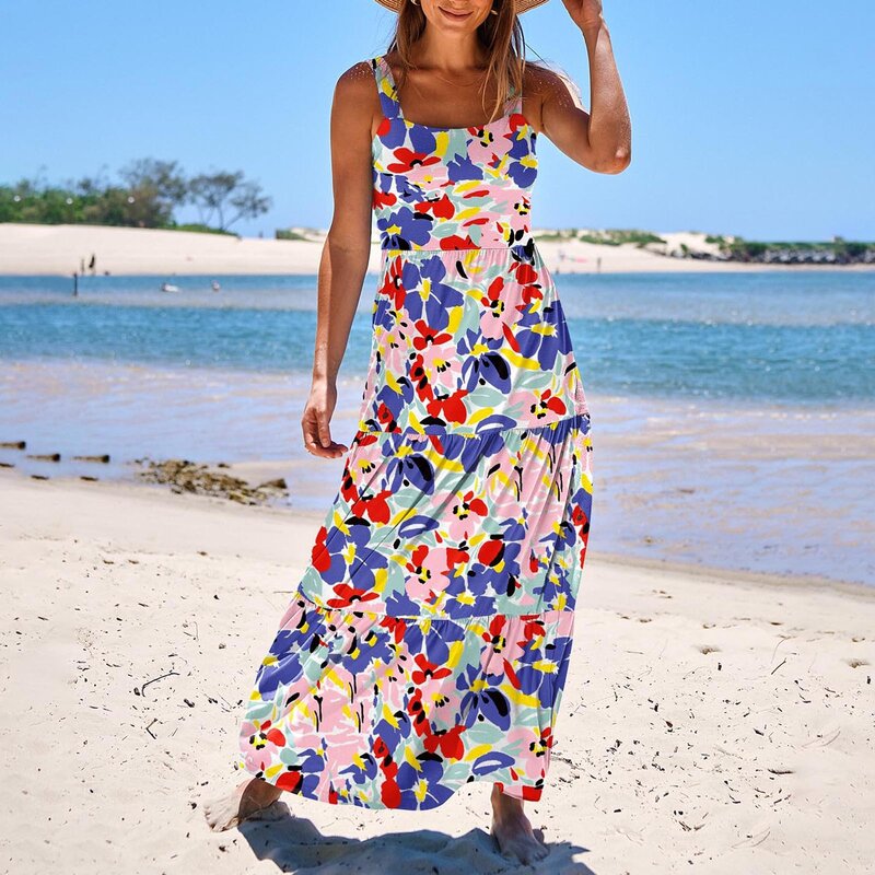 Женское платье-макси на бретелях, летнее повседневное длинное пляжное платье для отпуска, платье без рукавов с квадратным вырезом и цветами, Многоярусное солнцезащитное платье с карманами