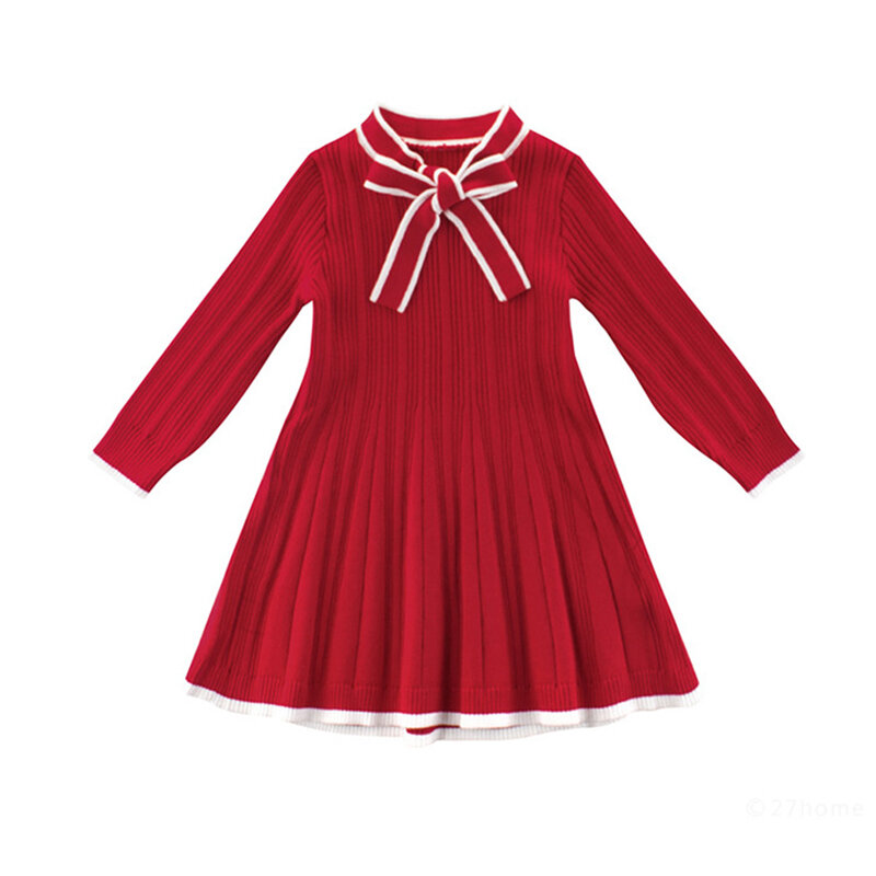 Осенне-зимнее теплое вязаное платье-свитер для маленьких девочек, праздничные платья принцессы, красное платье на Рождество, Новый Год, день рождения, детская одежда