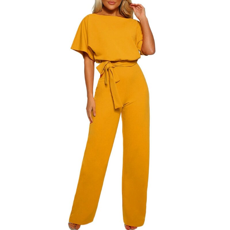 Women'S High Waist Jumpsuits Summer Straight Fitting Casual Tie Round Neck Jumpsuits Daily Commute Solid Short Sleeve Jumpsuits