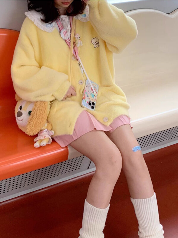 Cardigã feminino de malha amarela Deeptown, suéter bordado de gato doce Kawaii, tops universitários casuais soltos bonitos Y2K, Harajuku japonês