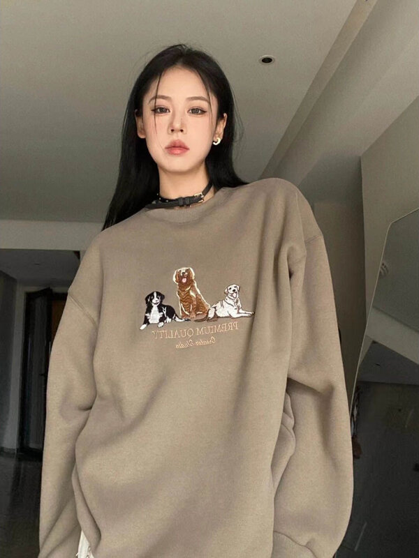Deeptown Vintage Streetwear Sweatshirt Women Harajuku Kawaii Dog Print Oversized Hoodies Retro Hip Hop Casual Long Sleeve Tops
