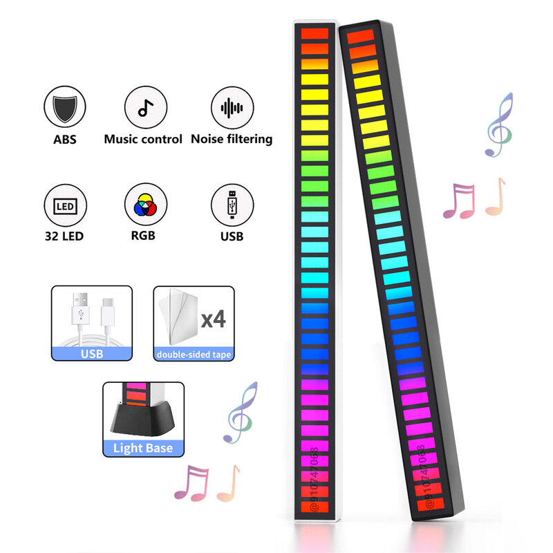 음악 사운드 제어 픽업 조명, RGB 다채로운 스트립 조명 리듬 램프, 오디오 바 자동차 게임 장식용 분위기 야간 조명, 32 LED
