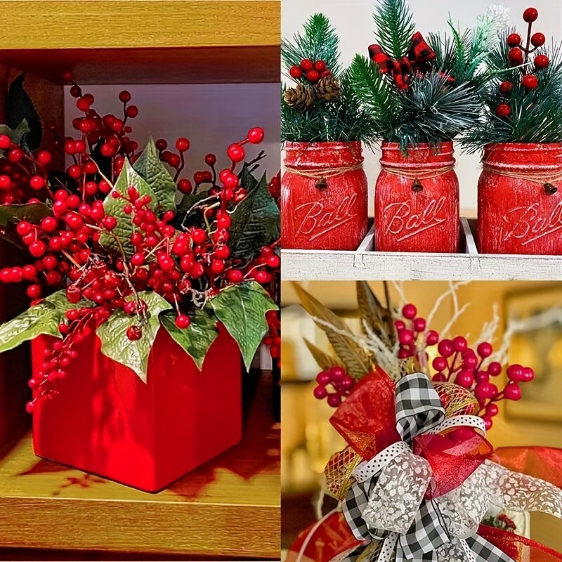 10 20pcs Fake Red Berries Berry Picks Branch Pendant Stems For Christmas Tree Wedding Diy Crafts  New Year'S Home Decor Flowers