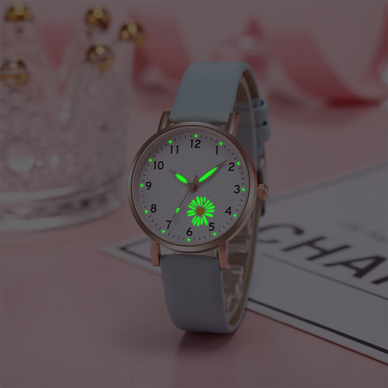 여성용 야광 손목 시계, 캐주얼 가죽 스트랩 쿼츠 시계, 트렌디한 여성용 시계, 심플한 시계