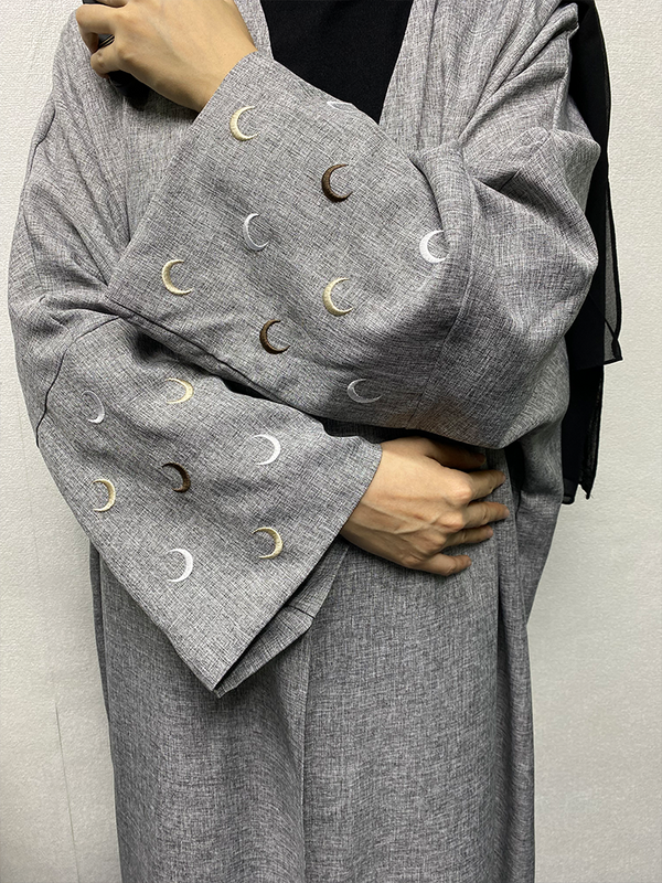Abayas abiertas de lino para mujer, ropa musulmana con bordado de Luna y corazón, caftán con manga de murciélago, sin Hijab, 2024