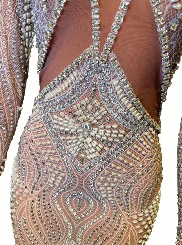 Customized Long Sleeved Streaking Rhinestone lace High Elastic Sequins Sexy Tight Dress Birthday Party  Dress Performance Dress