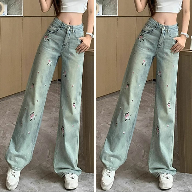 Hot Drilling Jeans Female Tide 2024 New Spring High Waist Slim National Style Embroidered Wide-Leg Pants Denim Trousers Ladies