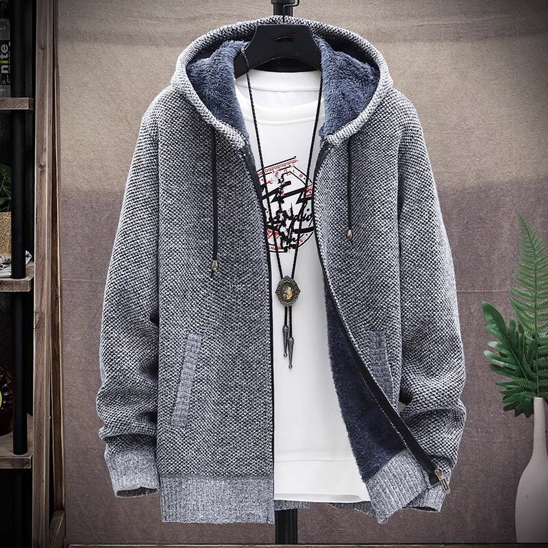 Men‘s Hooded Cardigan Knitted Sweater Winter Thick Fleece Warm Casual Knitwear Coat Solid Color Cardigan Men Hooded Sweaters