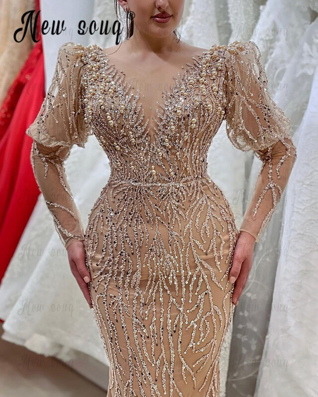 Solid Champagne Party Dress Arabic Muslim Long Sleeve Mermaid Beaded Prom Gowns for Weddings Fashion 2023 Night Dinner Dresses