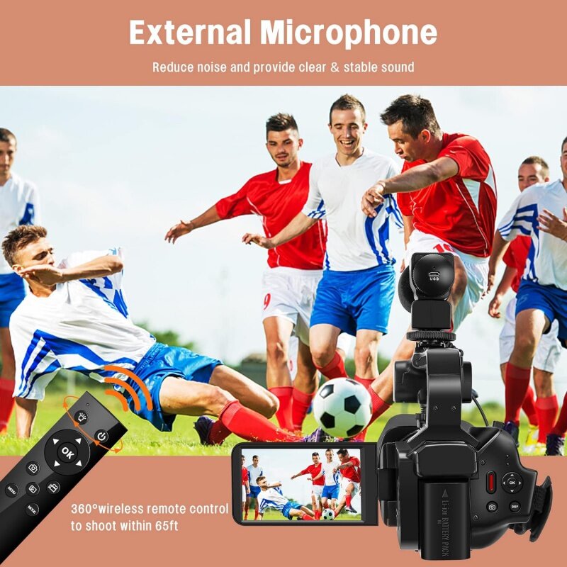 Kamera Perekam Video 4K 64MP 60fps, kamera Video dengan fokus otomatis untuk YouTube 18X perbesaran Digital dan WiFi
