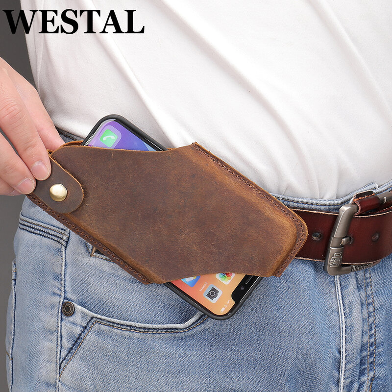 Westal Crazy Horse Lederen Heuptas Mobiel Loop Holster Mens Belt Bag Phone Pouch Hoge Kwaliteit Portemonnee Telefoon Case voor Telefoon