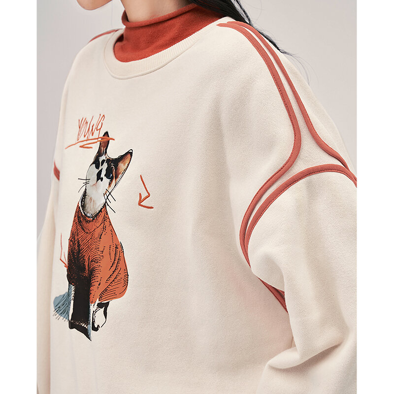 Toyouth moletom feminino 2022 inverno manga longa o pescoço solto hoodie 3d gato impressão quente casual streetwear pulôver