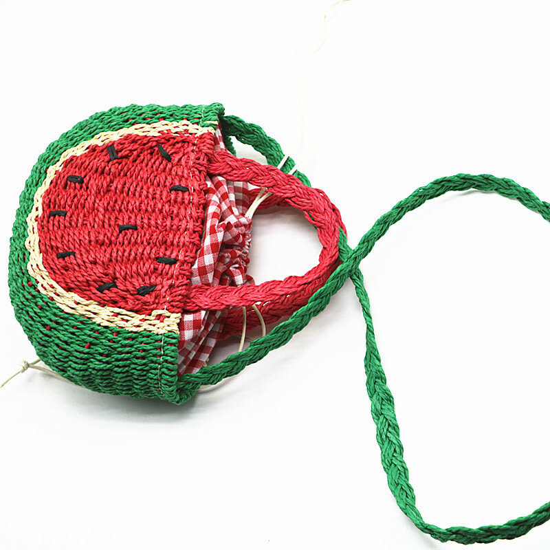 Cute Watermelon Shape Straw Bag Fashion Rattan Wicker Hand Woven Half-round Handbag Vacation Summer Beach Travel Crossbody Bag