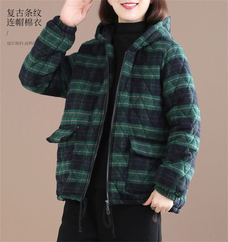 Women's Cotton Coat 2023 New Thick Autumn Winter Cotton Jacket Short Hooded Casual Warmth Plaid Jacket Parka Female Outerwear