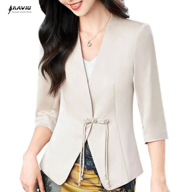 NAVIU Women Satin Silk Suit Coat Half Sleeve Solid Single Button Female Blazer Jacket Elegant Temeprament Office Lady Outerweara