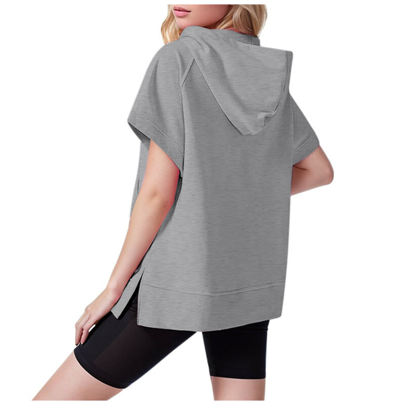 Women's Fashion Casual Solid Color Zipper Hooded Pocket Short Sleeved Hoodie Sleeve Top