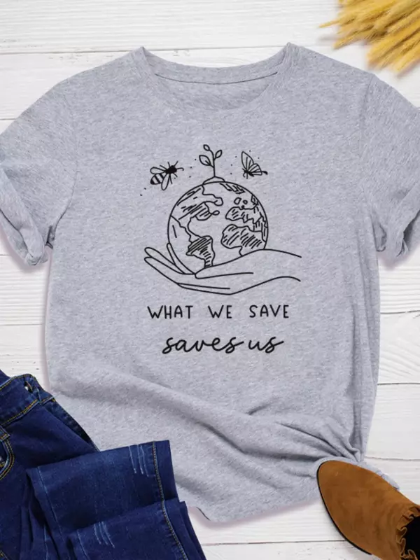 Kaus Wanita Gambar Cetak Save Earth Kaus Wanita Longgar Leher O Lengan Pendek Kaus Wanita Atasan Pakaian Camisetas Mujer