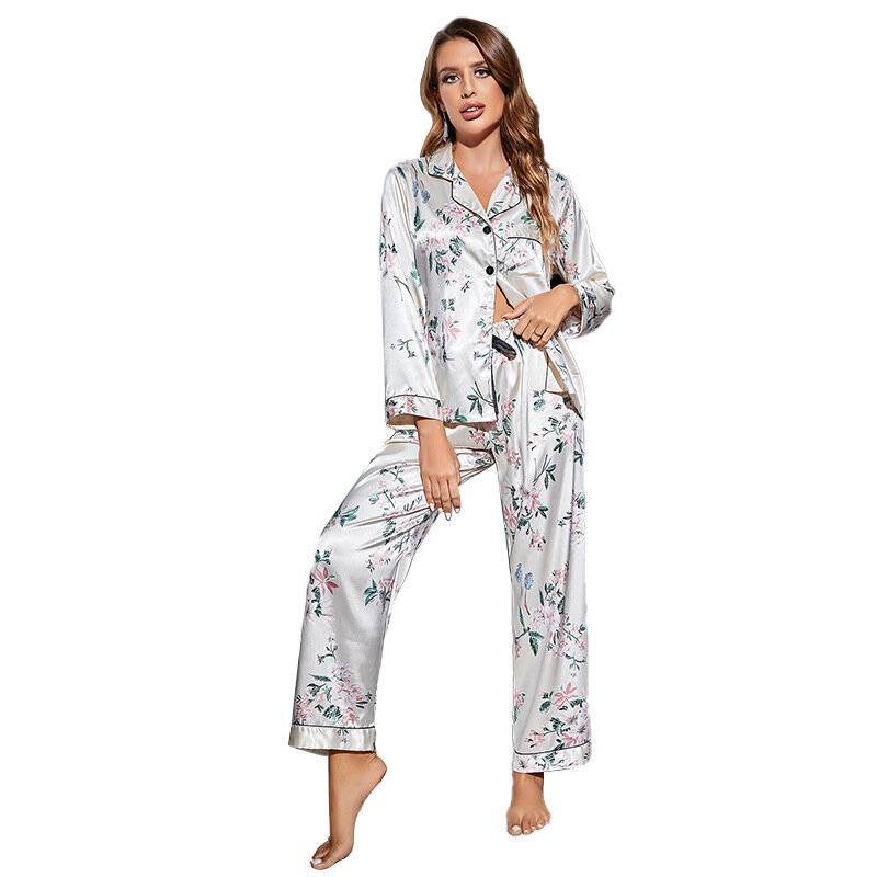 Weibliche Pyjamas Set Frühling Sommer Druck Blume Nachtwäsche Schlafanzug Anzug Sexy Langarm Hosen Nachtwäsche Casual Satin Homewear
