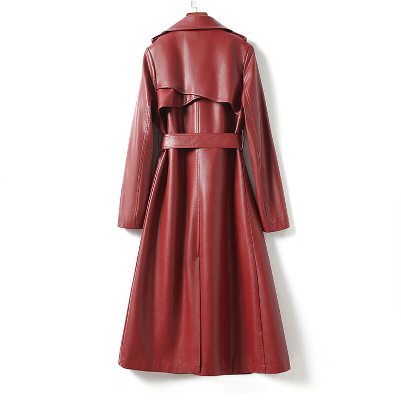 Mantel Trench kulit asli untuk wanita, mantel Trench bergaya antik warna merah anggur, sabuk renda dada ganda, pakaian luar kulit domba panjang setengah panjang