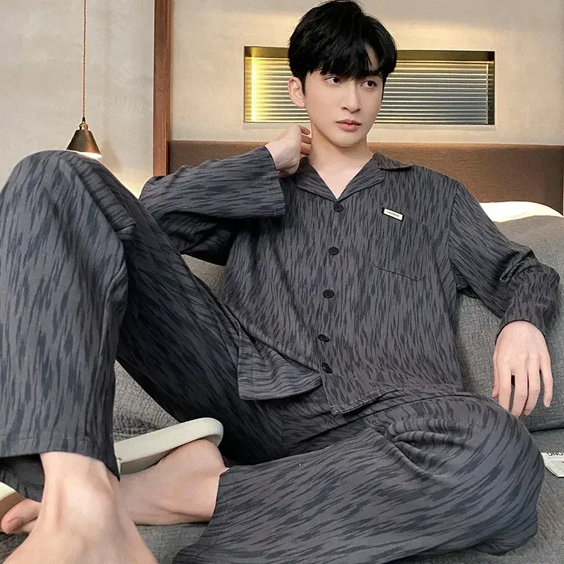 Conjunto de pijama masculino de manga comprida, cardigã, pijama casual simples masculino, roupa de casa, primavera e outono