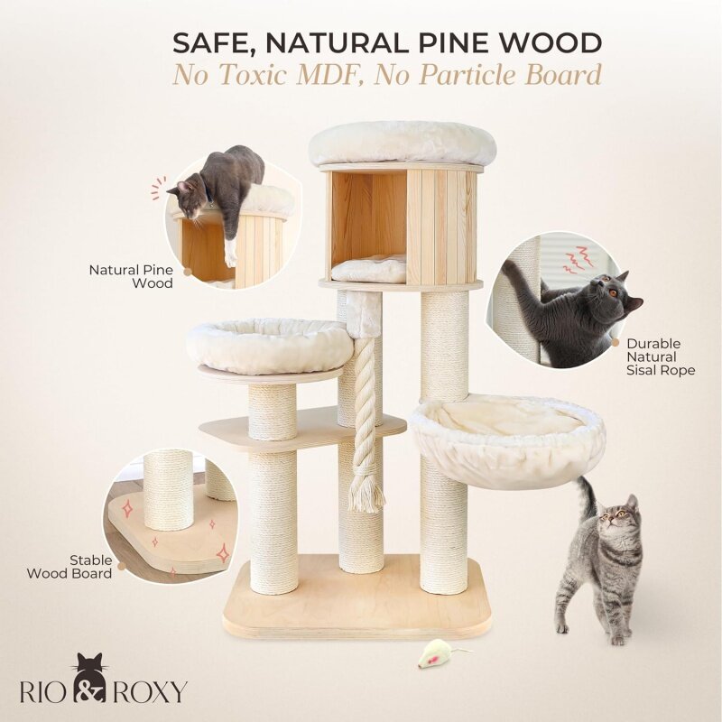Heavy Duty Cat Tree Tower for Indoor Cats Large, Modern Tall Cat Tower with Scratching Post, Cute Cat Condo, Wood Cat Climbing T