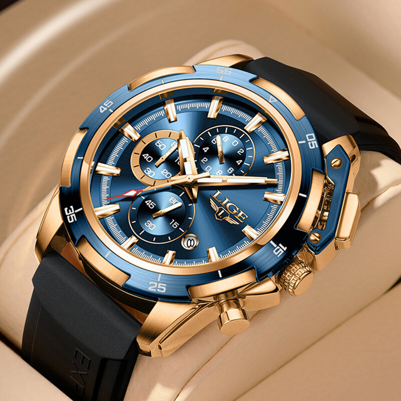 Часы наручные LIGE Мужские кварцевые, брендовые Роскошные спортивные водонепроницаемые с силиконовым ремешком, с хронографом