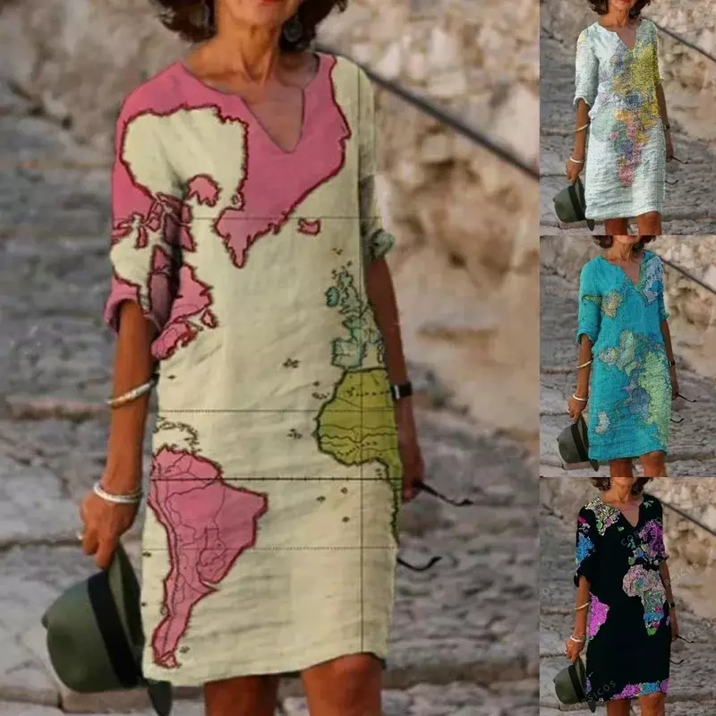 2022 여성 패션 느슨한 캐주얼 꽃 인쇄 V 목 슬리브지도 인쇄 여름 드레스