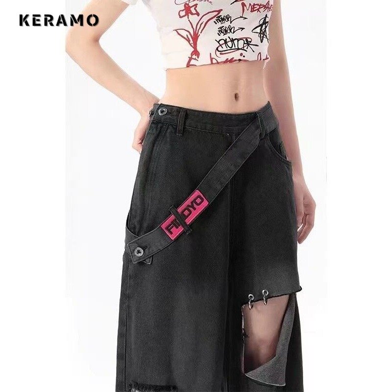 American Vintage High Waist Hollow Out Jeans Women Casual 2000s Pants Baggy Y2K Wide Leg Grunge High Street Style Denim Trouser