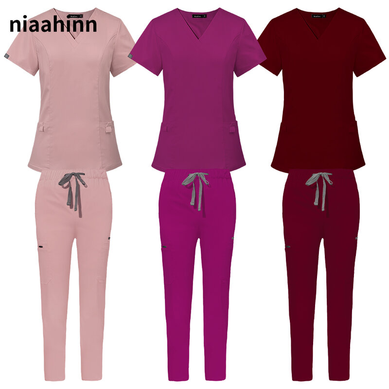 맞춤형 여성 간호 스크럽 스트레이트 레그 팬츠 세트, 병원 의사 세트, 여성 세련된 슬림핏 병원 스크럽 유니폼, 신제품