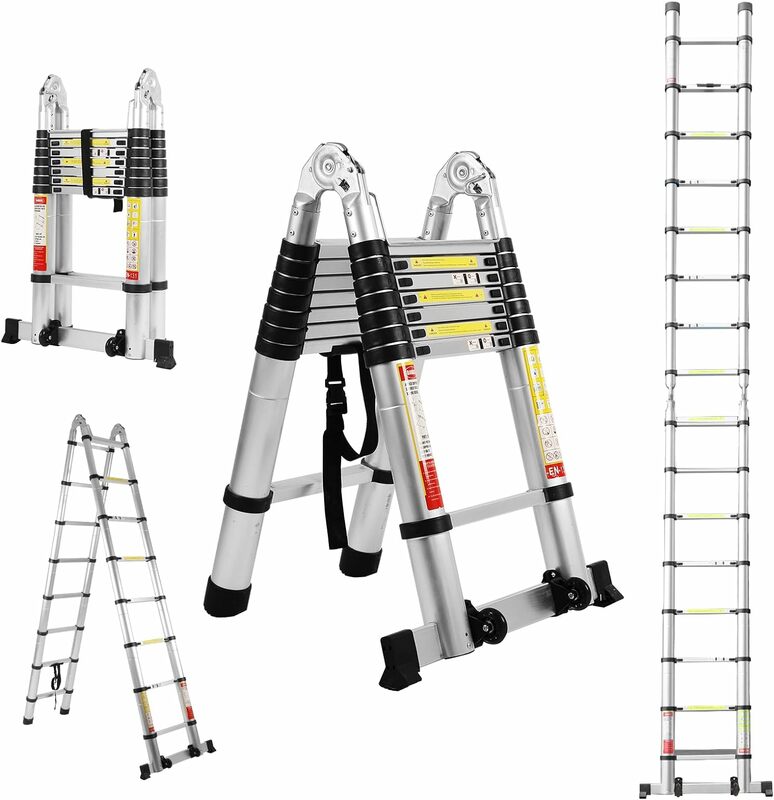 BOWEITI tangga ekstensi teleskop, 16.5FT Telescoping bingkai tangga dengan keseimbangan Bar dan roda bergerak, penggunaan rumah tangga lipat