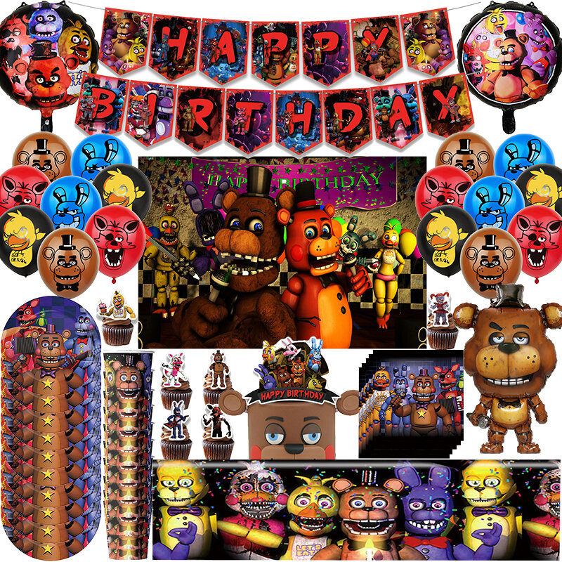 FNAF Five Nights Freddy Birthday Party Decoration Midnight Bear foil Balloons Latex Balloon Backdrop Banner Cake Topper
